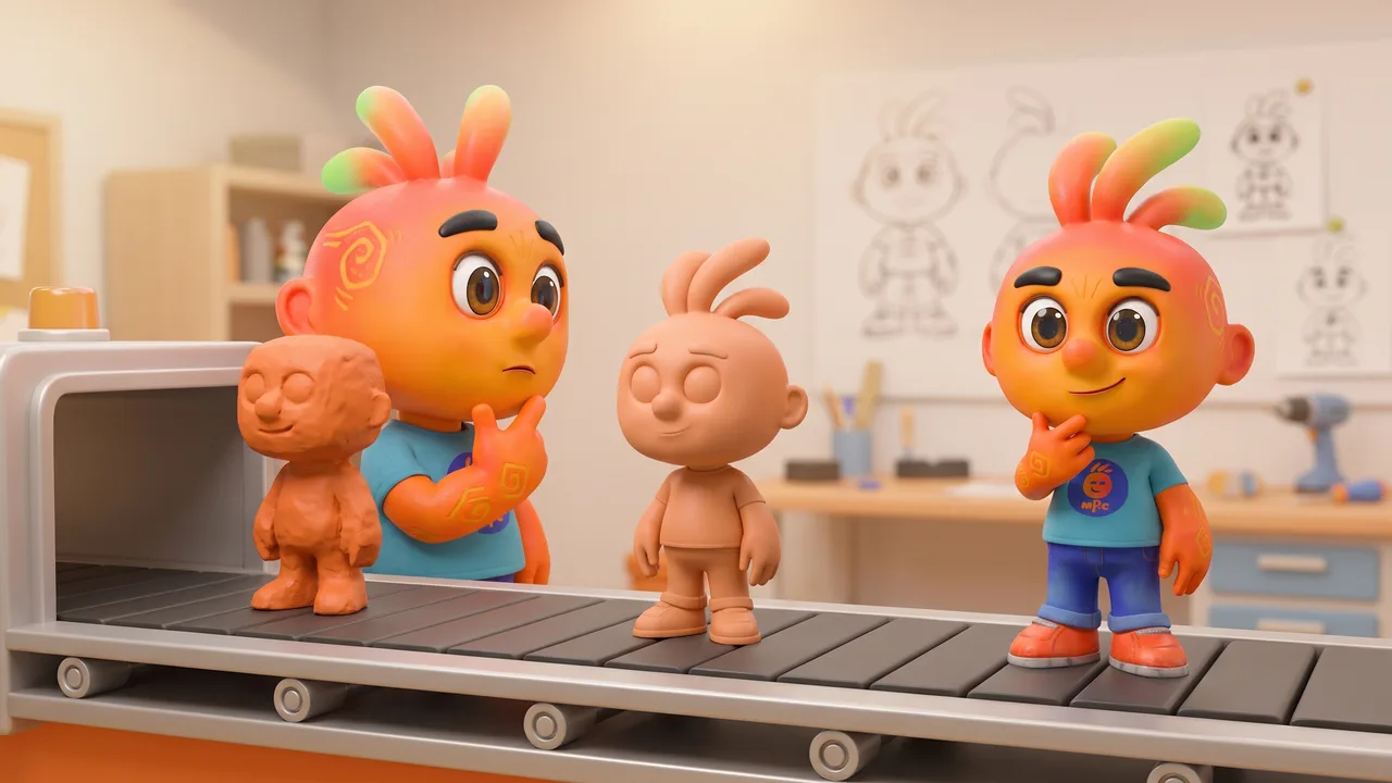 Personagem mascote observando uma esteira com três versões de si mesmo, da argila bruta à forma final, num ateliê claro.