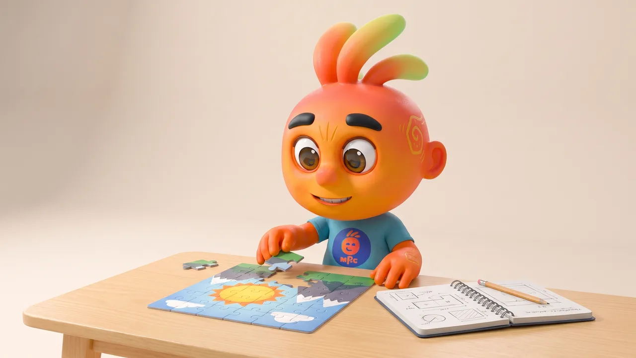 Personagem mascote sentado à mesa montando um quebra-cabeça ao lado de um bloco de anotações e um lápis.