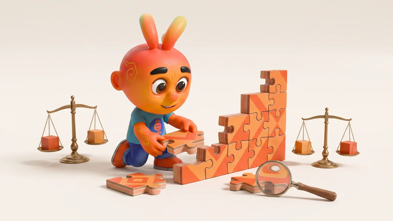 Mascote 3D montando peças de quebra-cabeça em degraus crescentes ao lado de uma balança equilibrada e uma lupa.