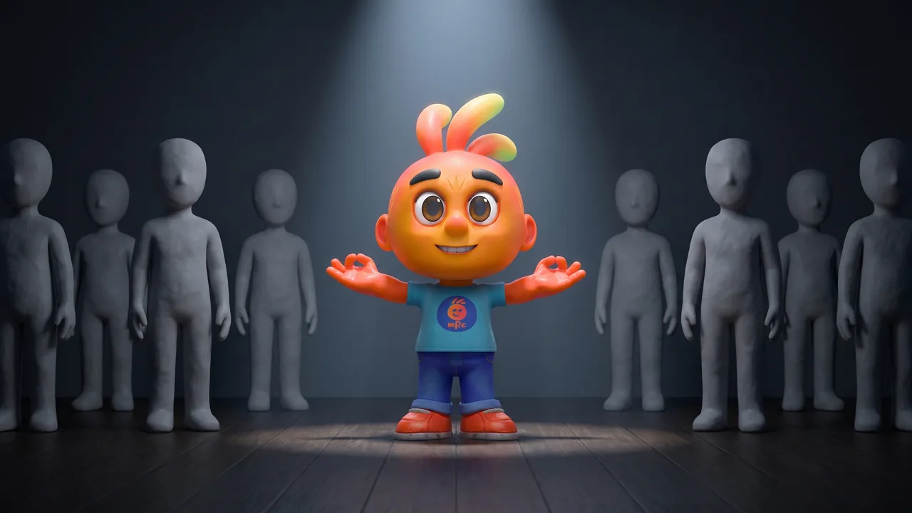 Personagem 3D iluminado por holofote em pose confiante diante de figuras de barro cinza idênticas na penumbra.