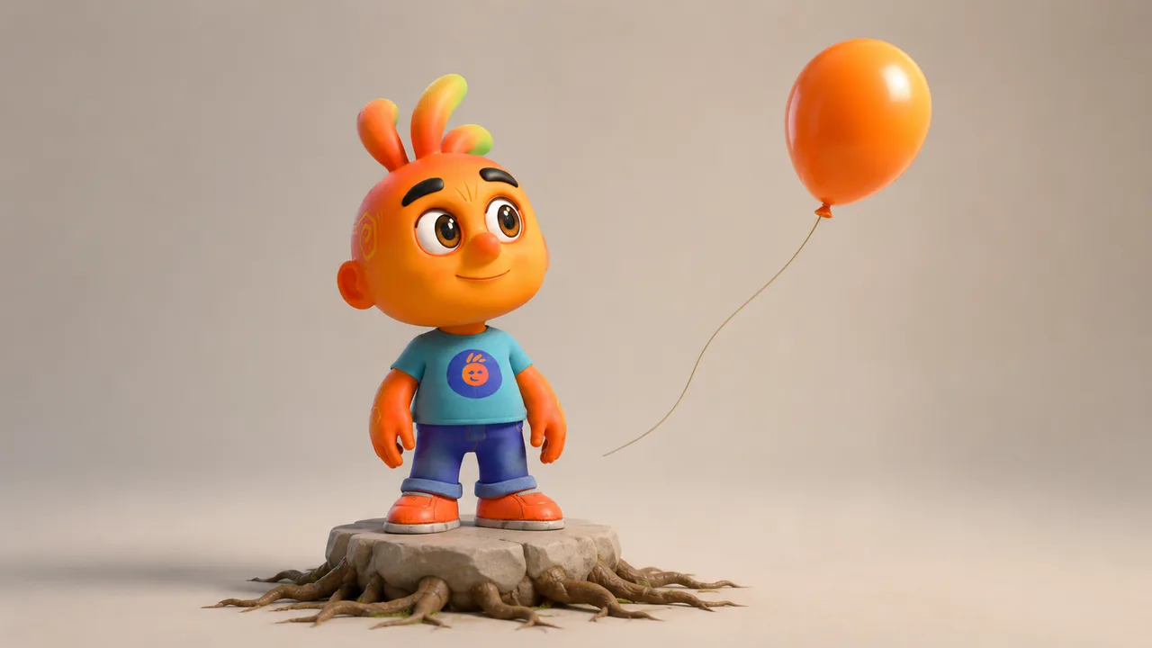 Personagem 3D em pé sobre pedestal com raízes no chão, simbolizando permanência, enquanto um balão colorido se solta e flutua para longe.