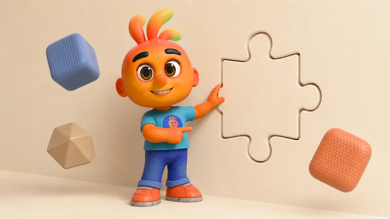 Personagem 3D encaixando uma peça de quebra-cabeça em uma parede, cercado por blocos flutuantes de texturas diferentes.