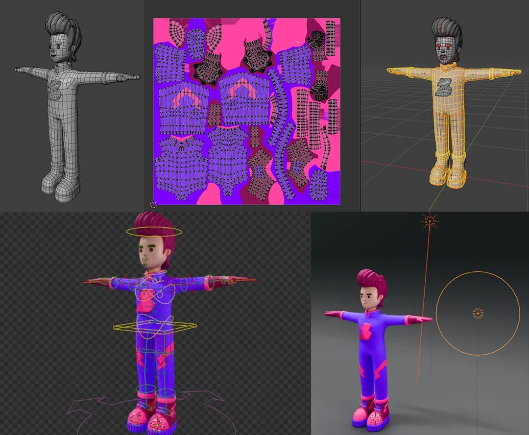 Etapas de modelagem completa de um personagem 3D: malha em wireframe, mapa UV, rigging e render final texturizado