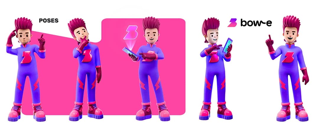 Conjunto de poses renderizadas de um personagem 3D, incluindo variações de expressão e uso de aplicativo
