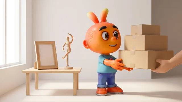 Personagem mascote 3D entregando quatro caixas ao lado de uma moldura vazia e uma figura articulada em um estúdio claro.