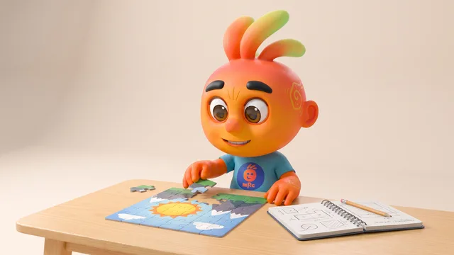 Personagem mascote sentado à mesa montando um quebra-cabeça ao lado de um bloco de anotações e um lápis.