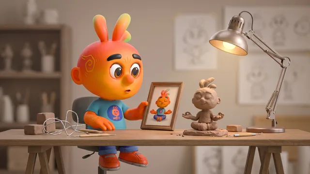 Personagem mascote na bancada segura uma foto emoldurada ao lado de uma escultura de argila em formação sob a luz de uma luminária.