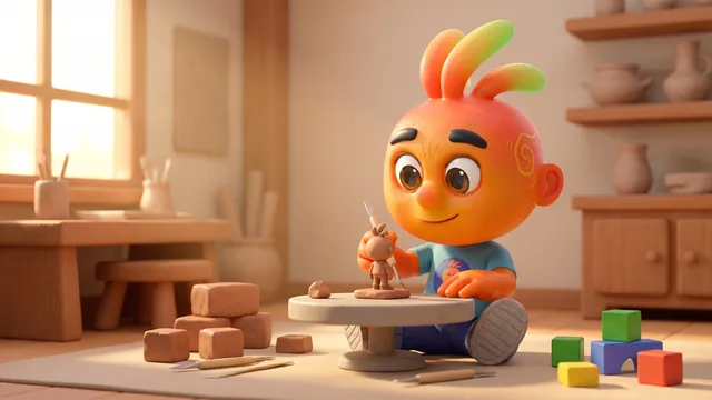 Personagem mascote sentado no chão de um ateliê moldando uma pequena escultura de si mesmo com argila e blocos.