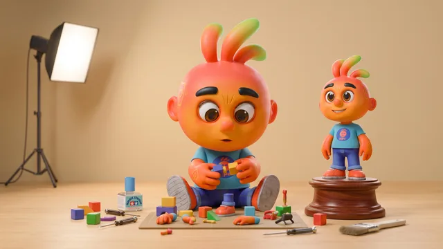 Mascote 3D em pé sobre um pedestal fixo, cercado por dois refletores e um pano de fundo sendo reposicionados no estúdio.