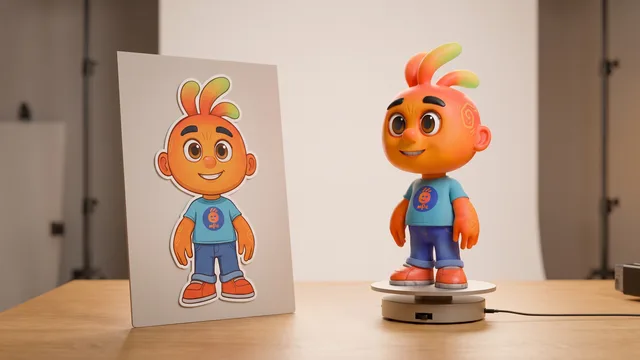 Personagem mascote 3D sobre uma base giratória ao lado de um recorte plano e imóvel de si mesmo.