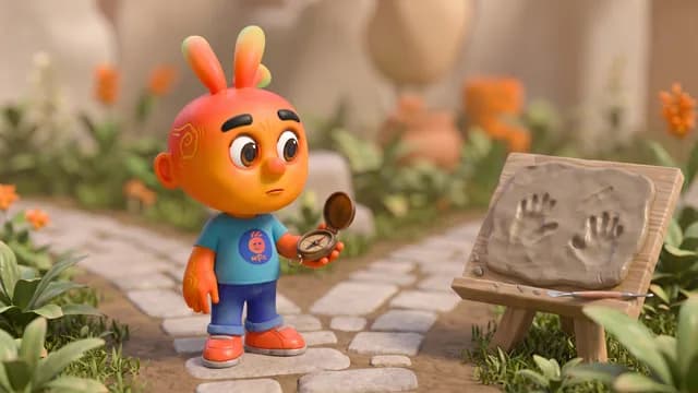 Personagem 3D em uma bifurcação de trilha segurando uma bússola, decidindo o caminho a seguir.