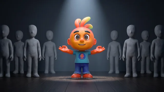 Personagem 3D iluminado por holofote em pose confiante diante de figuras de barro cinza idênticas na penumbra.