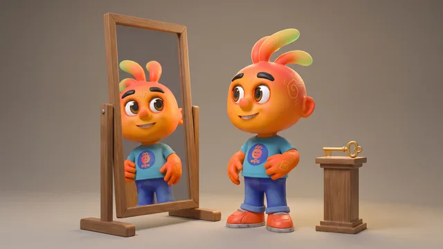 Personagem mascote 3D diante de um espelho que reflete sua imagem idêntica, ao lado de uma chave dourada sobre um pedestal.