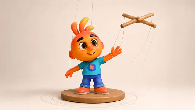 Personagem 3D como marionete, com fios presos aos braços e à cabeça, controlados por uma cruz de madeira, sobre uma plataforma giratória.