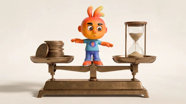 Personagem 3D equilibrado sobre balança de pratos, com moedas de um lado e ampulheta do outro.