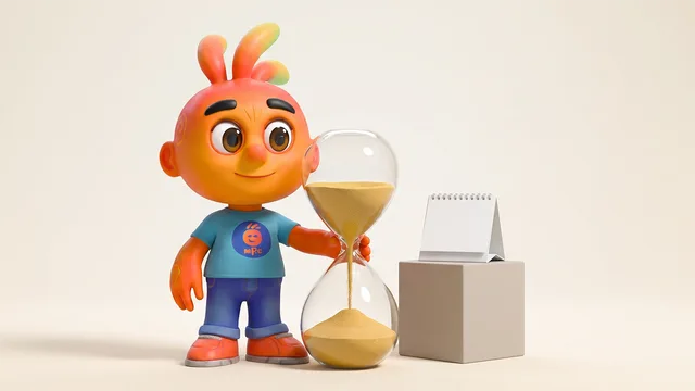Personagem 3D ao lado de uma ampulheta grande com areia escorrendo e um calendário de mesa em branco.
