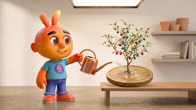 Personagem 3D regando uma pequena árvore com frutos coloridos, plantada em um vaso em formato de moeda gigante.